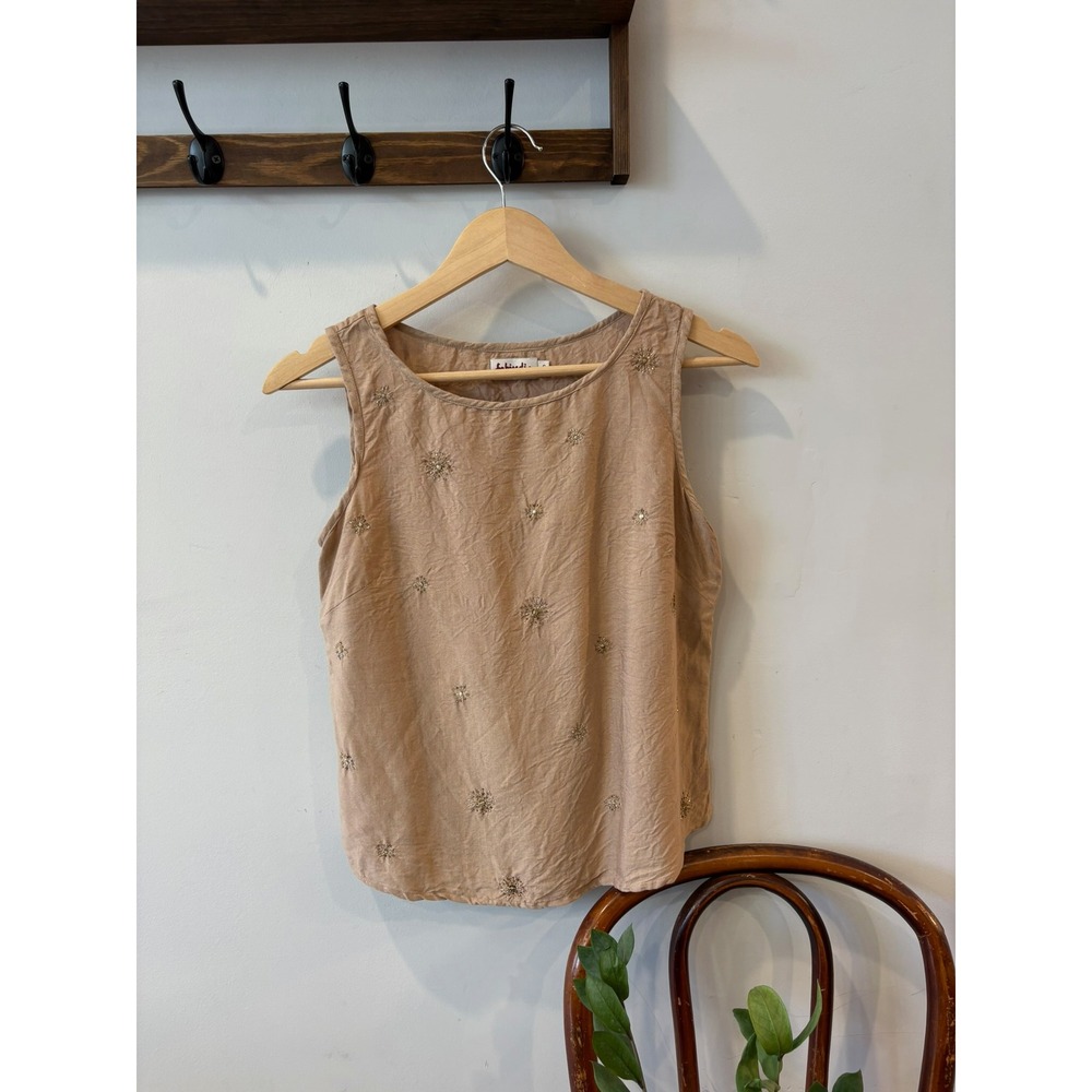 Fabindia Tan Viscose Silk Blend Embroidered Sequin Sleeveless Top Small